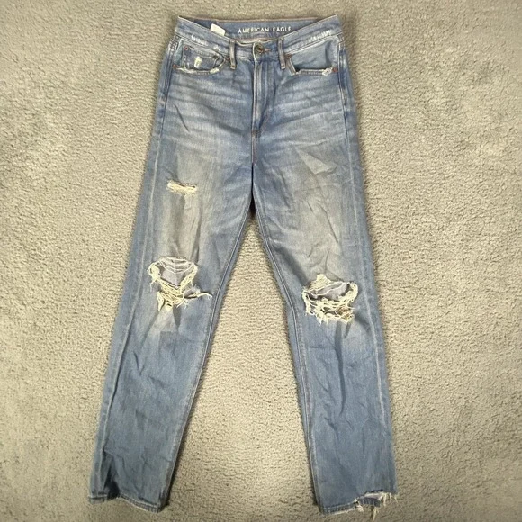 American Eagle Jeans Womens 2 Blue Baggy Jean High Rise Distressed Light Wash - Picture 1 of 13